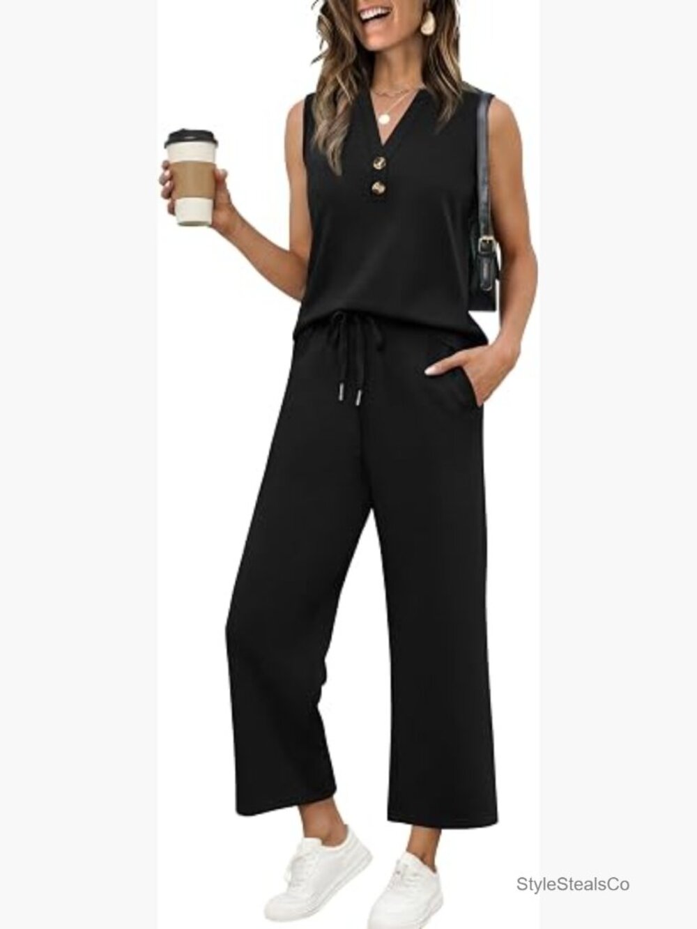 Two Piece Lounge Set - V Neck Tank & Wide Leg Pants